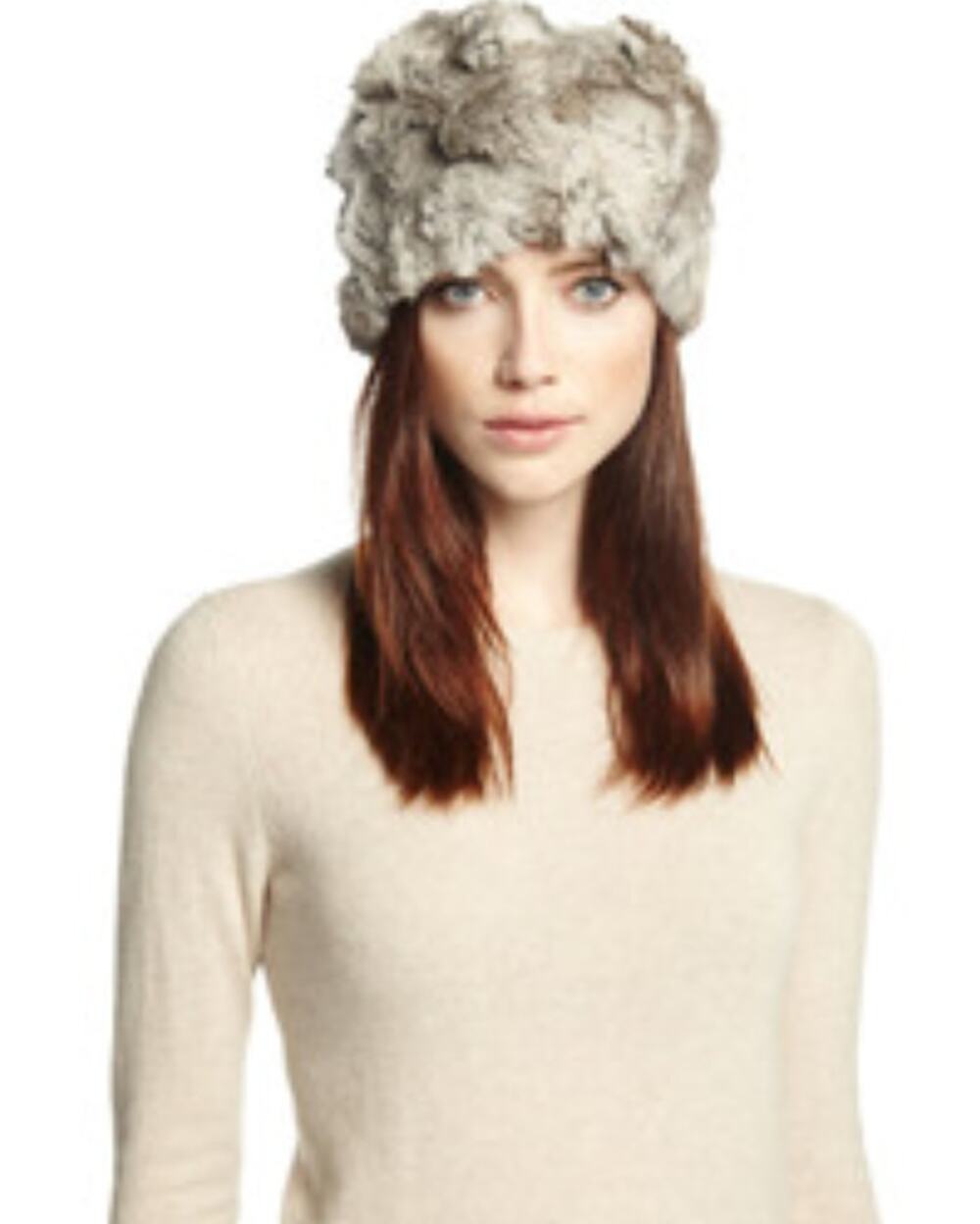 Adrienne Landau Gray White Winter Fur Pom-Pom Hat Natural Knit Rabbit